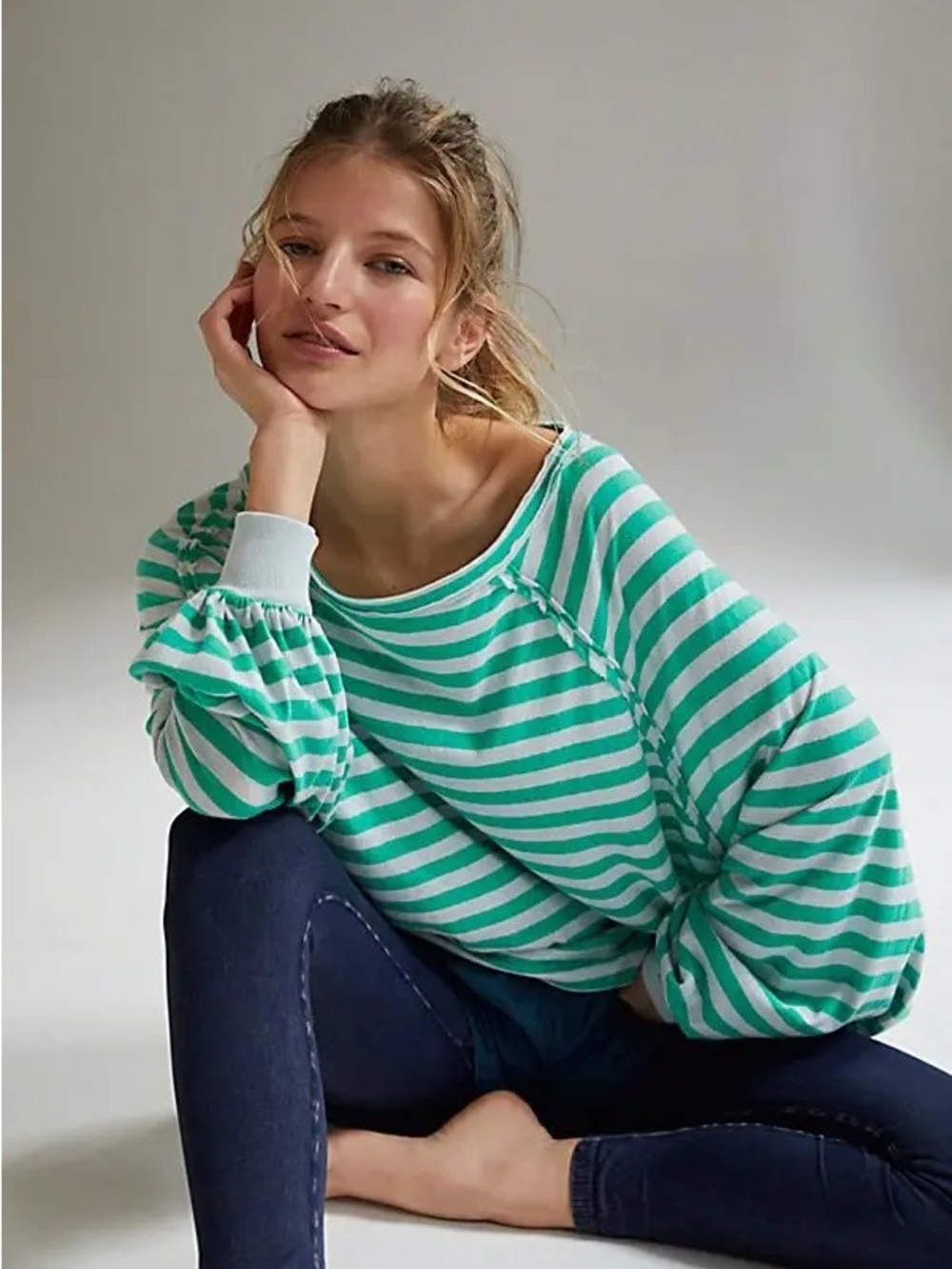 Free People she’s everything striped long sleeve oversized size M green top